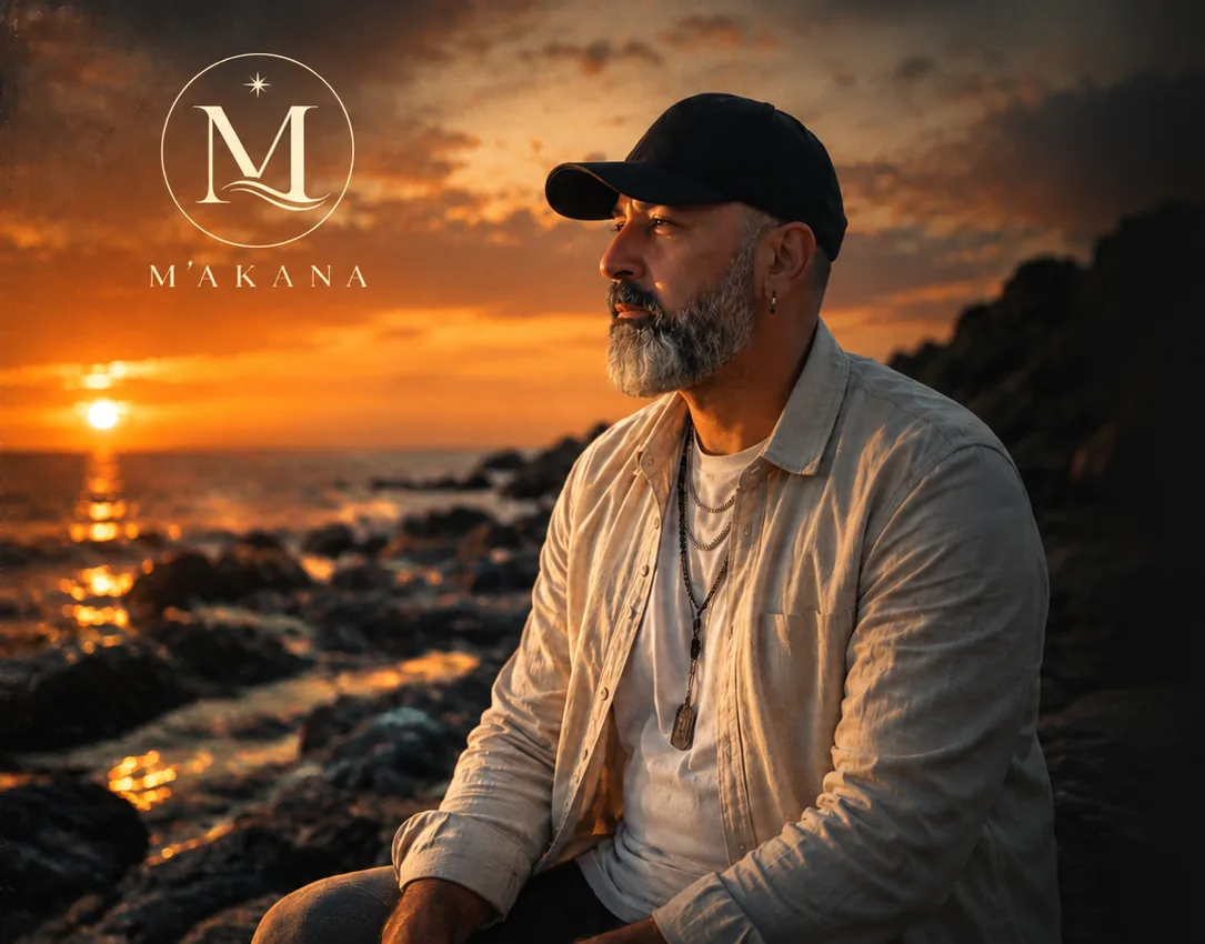 Jesús Amílcar Déniz González frente al mar al atardecer, con el logotipo de M’AKANA